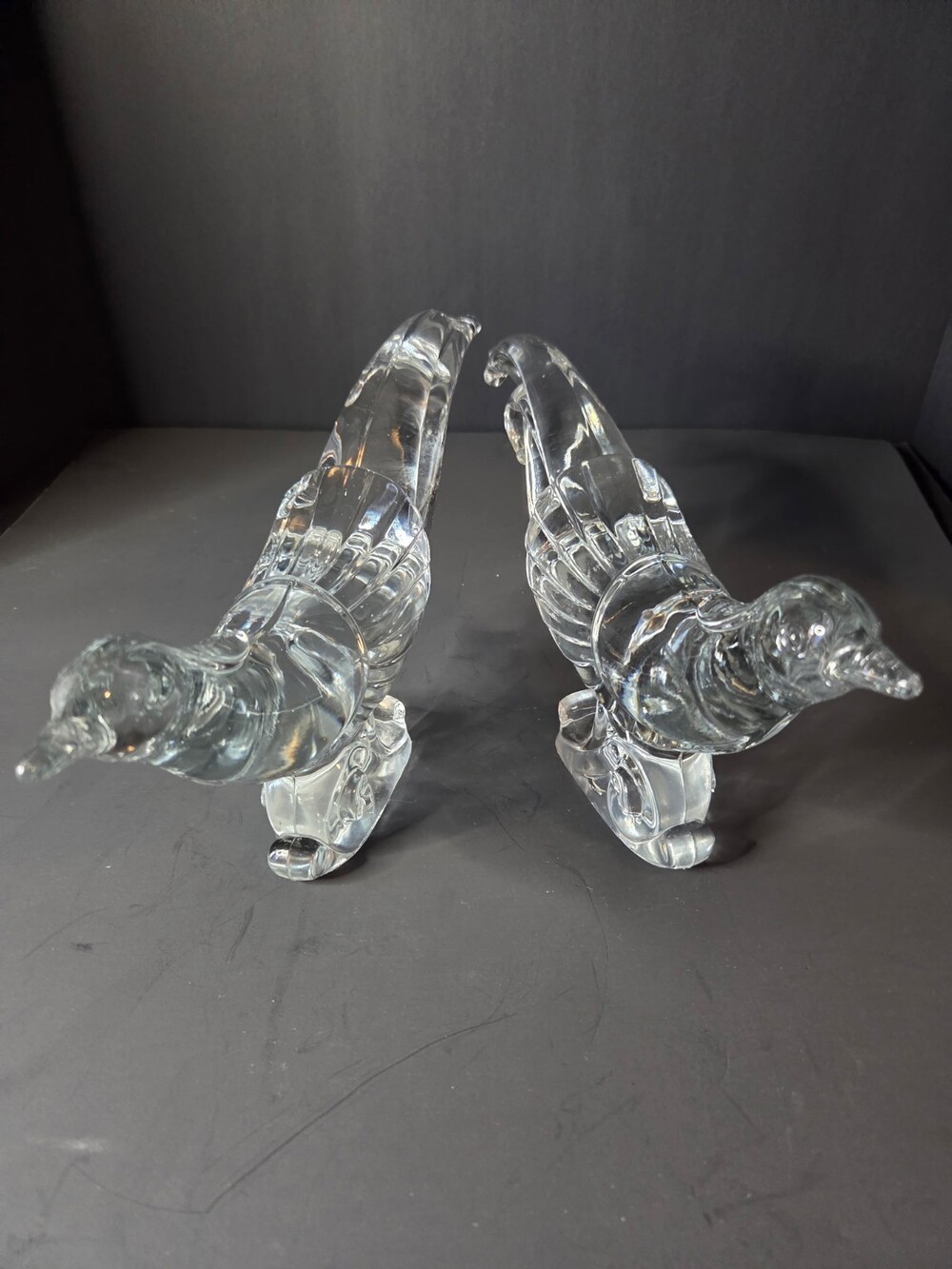 Vintage Paden City Glass Chinese Pheasant Figurines Clear Art Glass Pair 13"